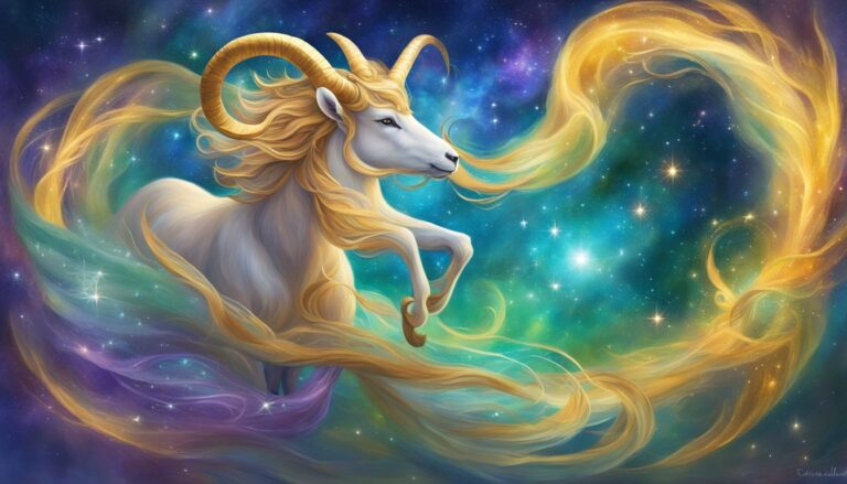 Illustration of Aries zodiac sign, a ram with flowing golden hair in space