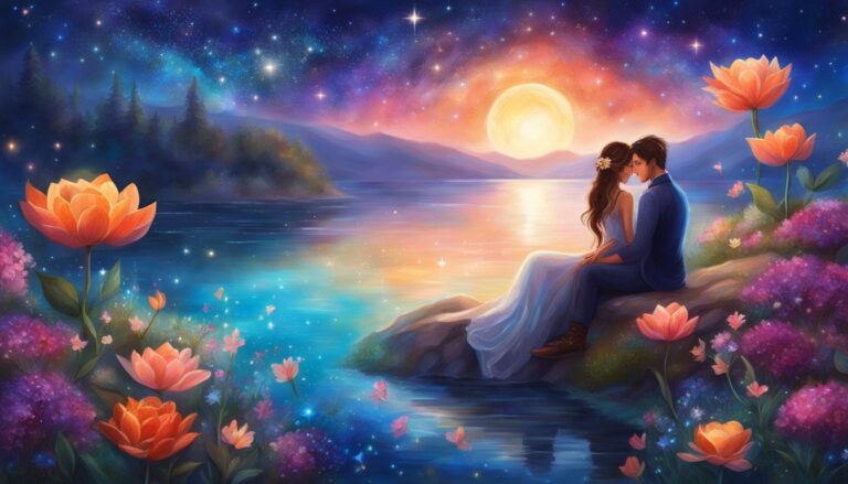 Couple sitting by a lake under a starry sky, surrounded by flowers