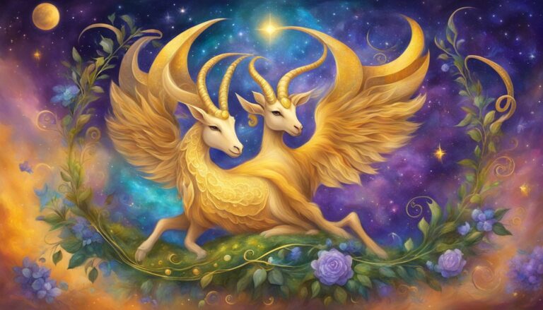 Two golden winged goats in a starry night sky with flowers