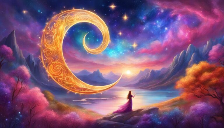 Woman gazing at a glowing crescent moon in a colorful, starry landscape