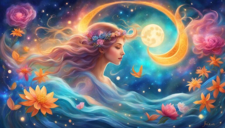 Woman with flowing hair, flowers, moon, and stars in a dreamy, colorful scene