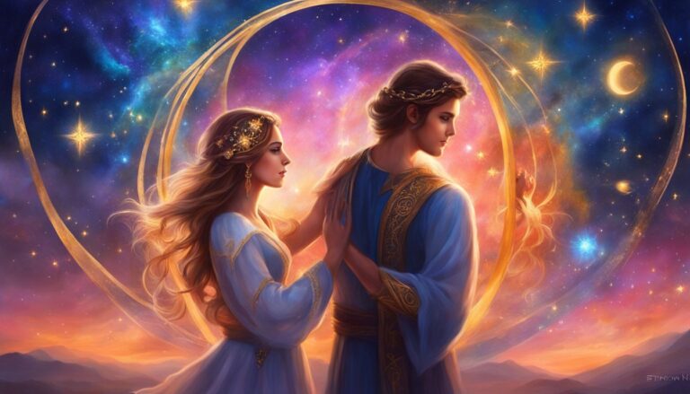 Romantic couple in celestial scene, surrounded by golden rings and stars