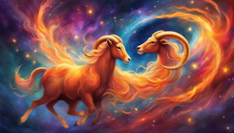 Two ram-like creatures with fiery manes in a colorful cosmic background