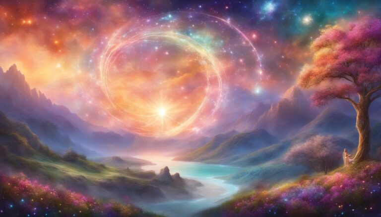 Vibrant landscape with swirling light, mountains, a river, and a pink tree
