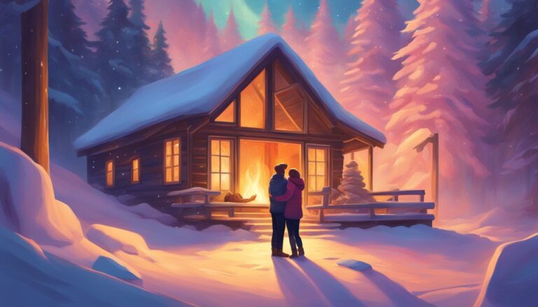 Couple embracing in front of a cozy cabin with a fireplace in a snowy landscape