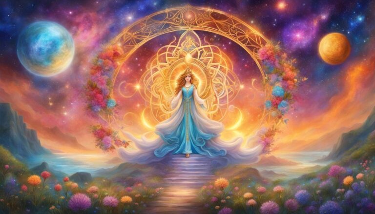 Woman in blue dress stands on steps, surrounded by celestial and floral elements