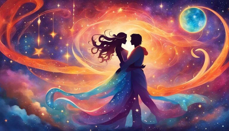 Couple embracing in a starry cosmic scene with flowing colorful ribbons