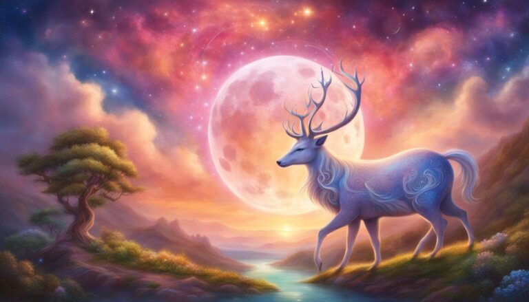 Magical deer with large antlers, moonlit sky, and colorful landscape