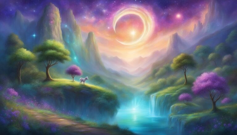 Fantasy landscape with crescent moon, waterfalls, trees, and a small white animal