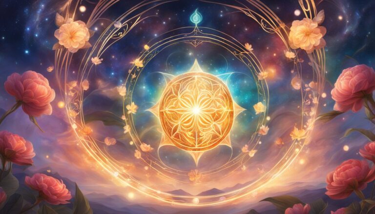 Glowing golden orb surrounded by flowers, celestial background, and ornate lines