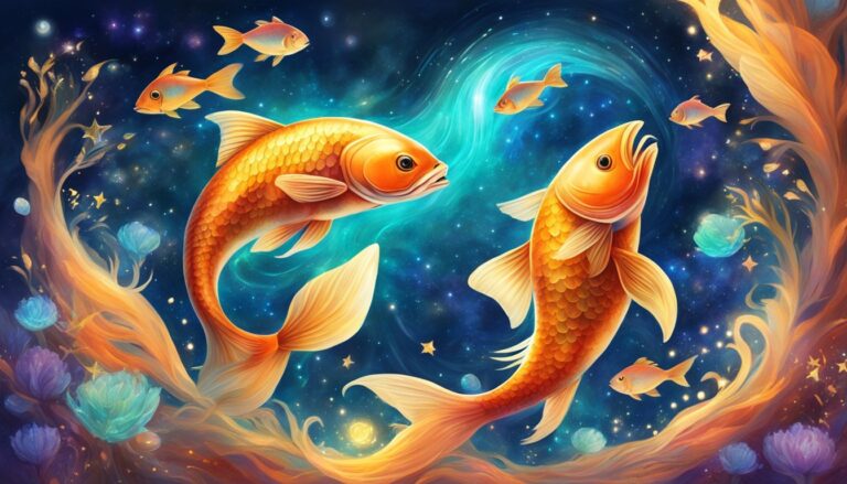 Two golden fish swim in a starry, swirling cosmic ocean