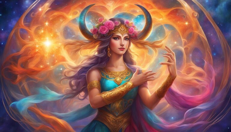 Woman with horns and flowers in cosmic background, fantasy art