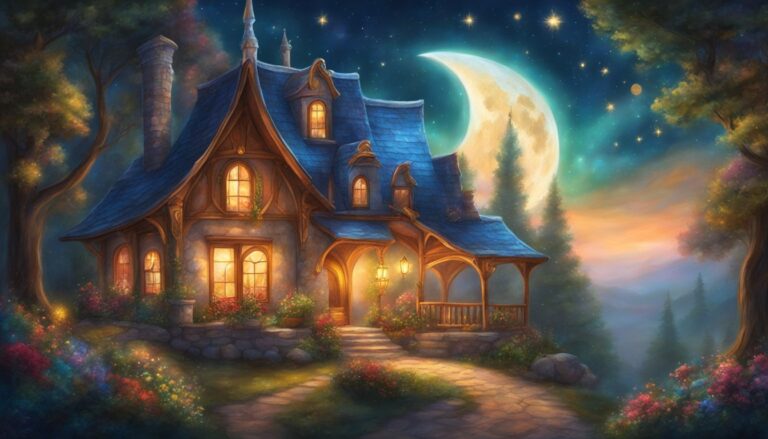 Whimsical cottage with glowing windows, under a moonlit, starry night sky