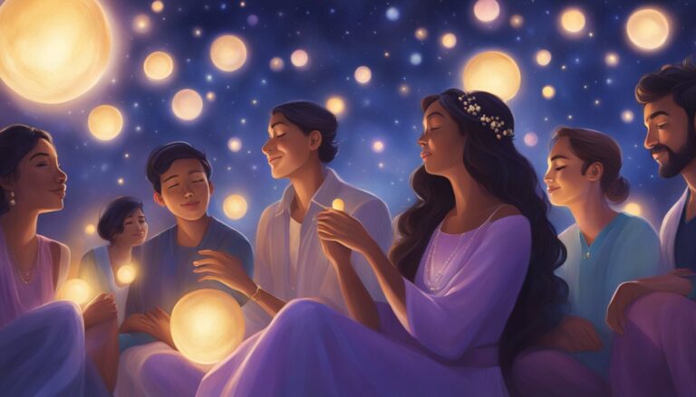 Group of people with glowing orbs under a starry night sky