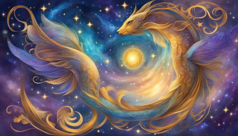 Golden dragon in space with a bright sun and starry background