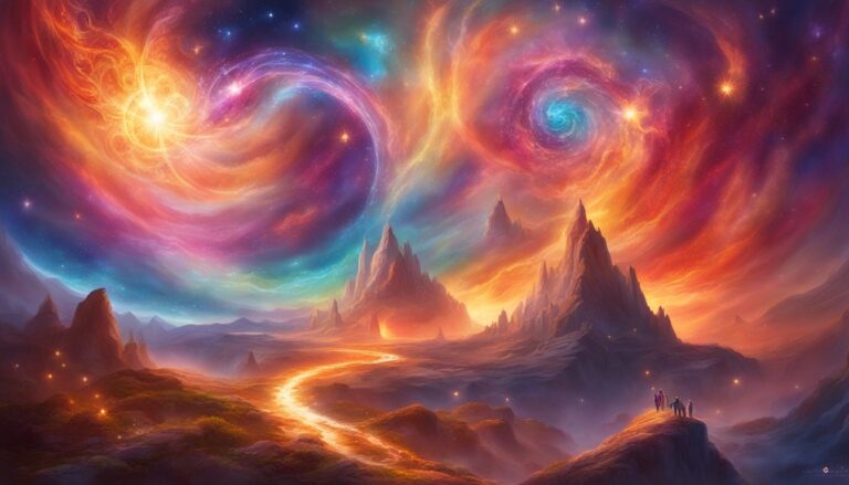 Colorful nebula swirls above a mountain landscape with a glowing path
