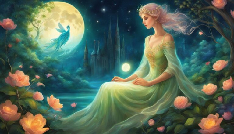 A fairy in a green dress sits in a moonlit garden with roses