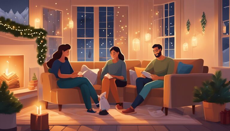 Three people reading on a couch in a cozy, decorated living room