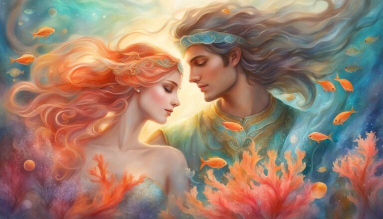 Romantic underwater scene with a mermaid and merman, coral, and fish