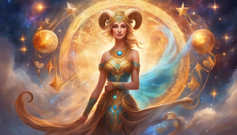 Woman with ram horns and celestial dress in a starry, golden background