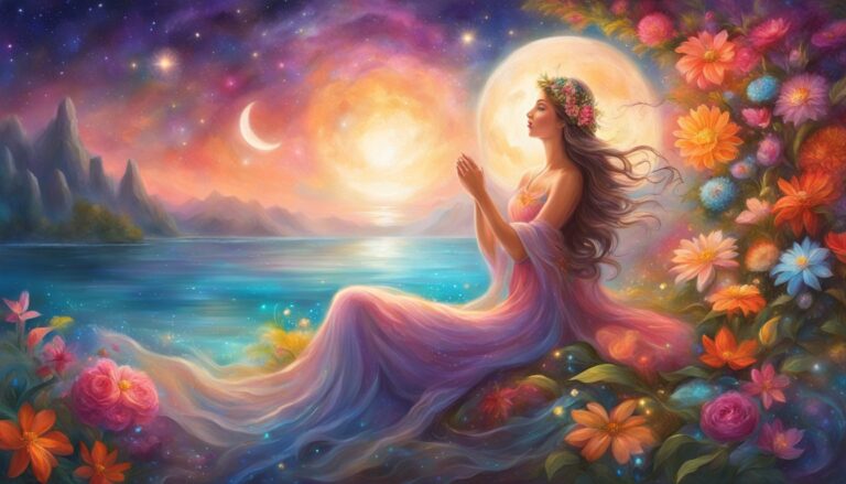 Woman in flowing gown, moonlit scene with flowers and starry sky