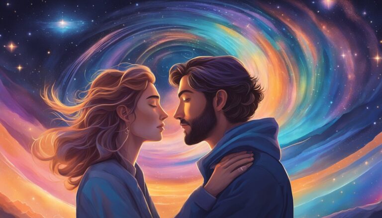 Romantic couple with closed eyes, embracing, against a swirling galaxy background