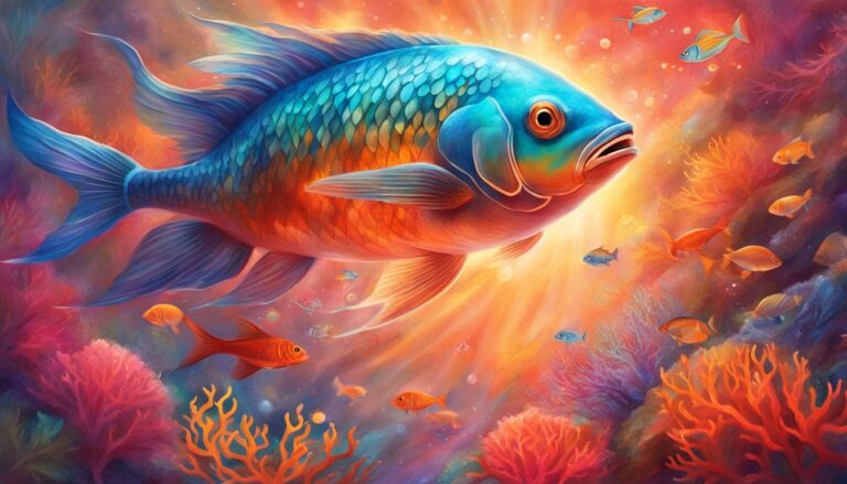 Large, colorful fish swims among smaller fish and coral in the ocean