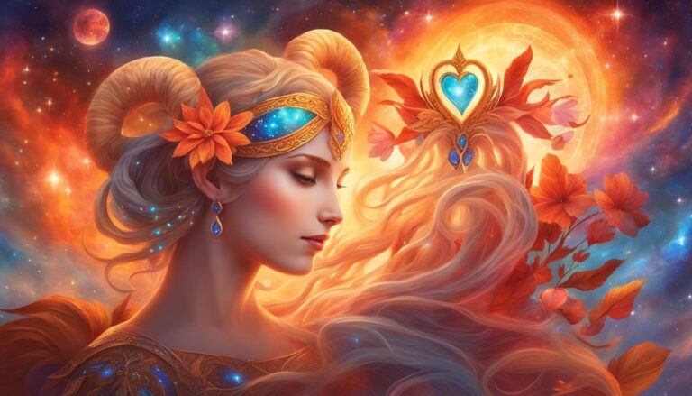 Fantasy woman with horns, floral headpiece, and celestial background