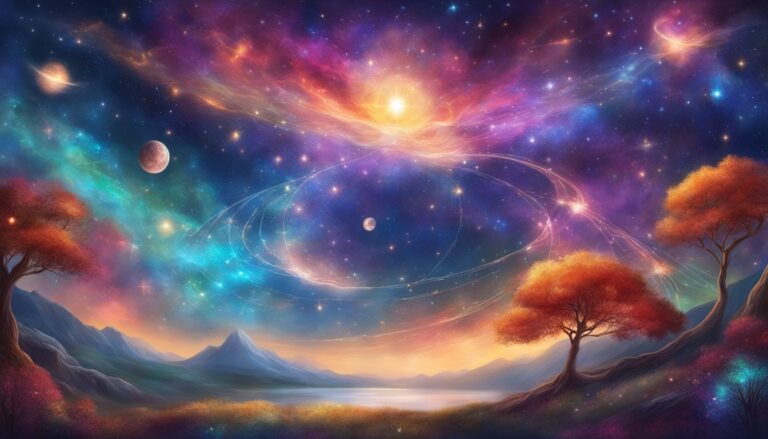 Vibrant nebula and starry sky over a landscape with trees and mountains