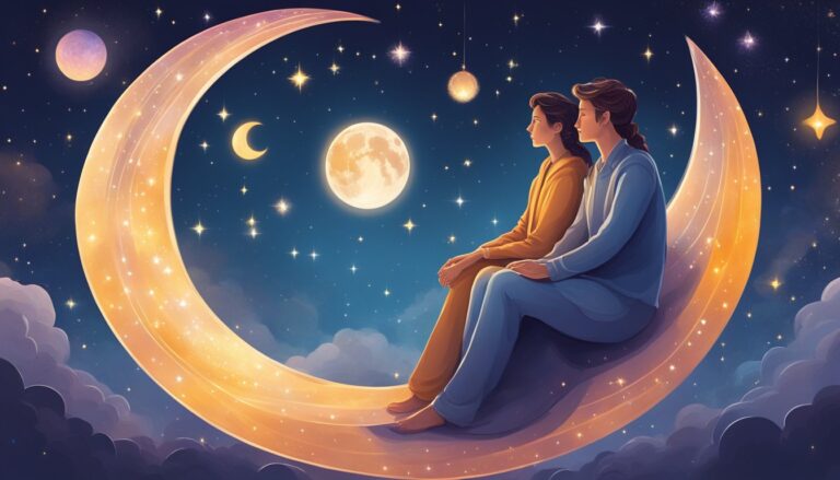 Two people sit on a crescent moon, gazing at the night sky