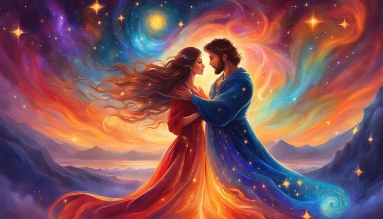 Romantic couple in celestial embrace, surrounded by swirling stars and colors