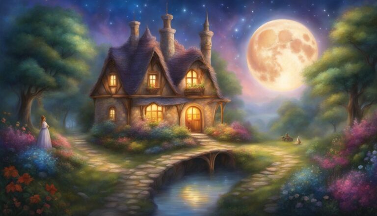 Fairytale cottage with a bridge, full moon, and a woman in a gown