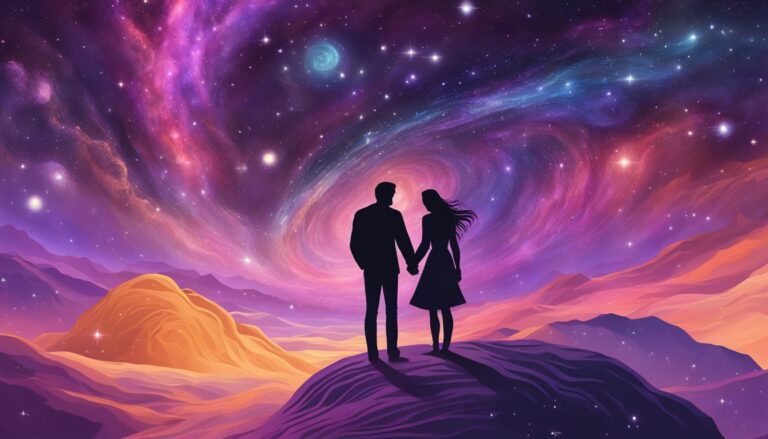 Silhouetted couple holding hands, gazing at a vibrant, starry galaxy