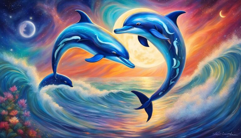 Two dolphins forming a heart shape over ocean with moon and sunset