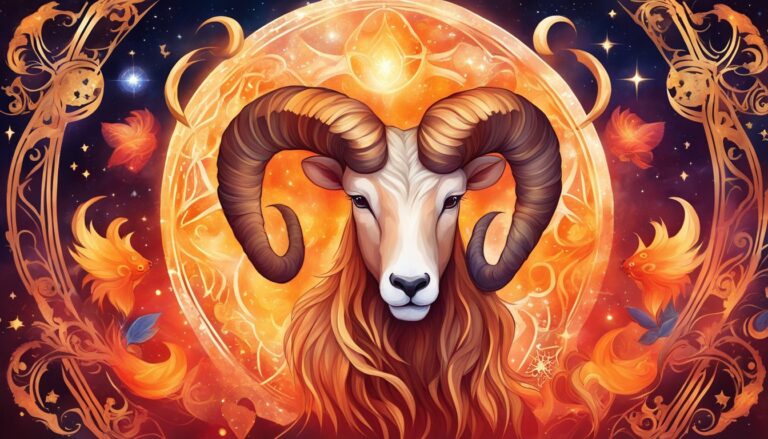 Illustration of Aries zodiac sign, ram with large horns, surrounded by stars