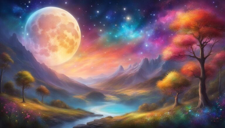 Colorful fantasy landscape with a large moon, starry sky, and vibrant trees