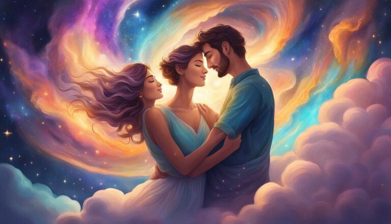 Three people embracing in a cosmic sky with clouds and stars