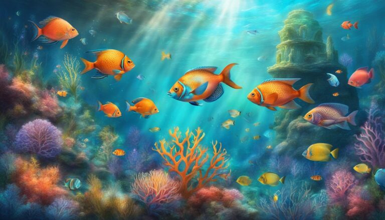 Colorful fish swim around coral reefs in a vibrant underwater scene