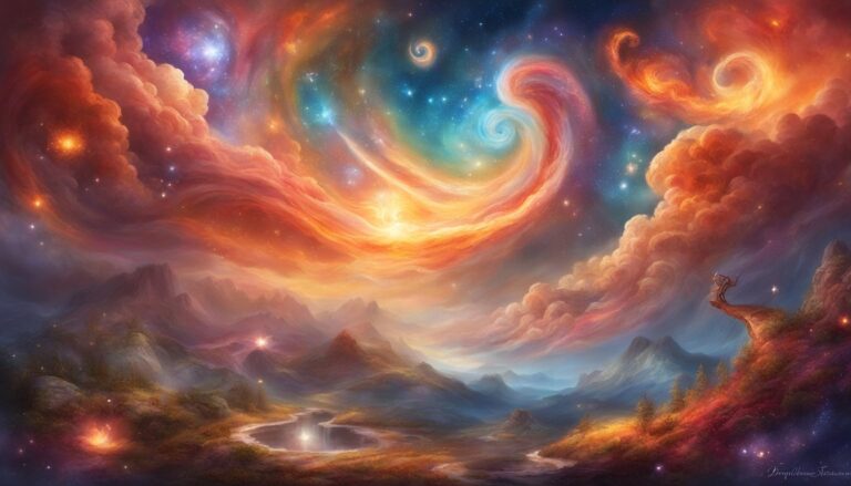 Vibrant cosmic landscape with swirling nebulae, stars, and a figure on a cliff