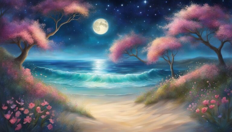 Moonlit beach scene with pink flowering trees and ocean waves