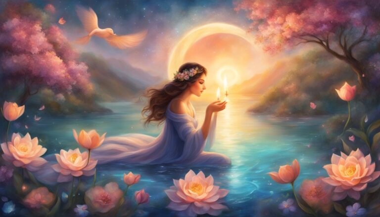 Woman holding candles in water, surrounded by flowers and a dove