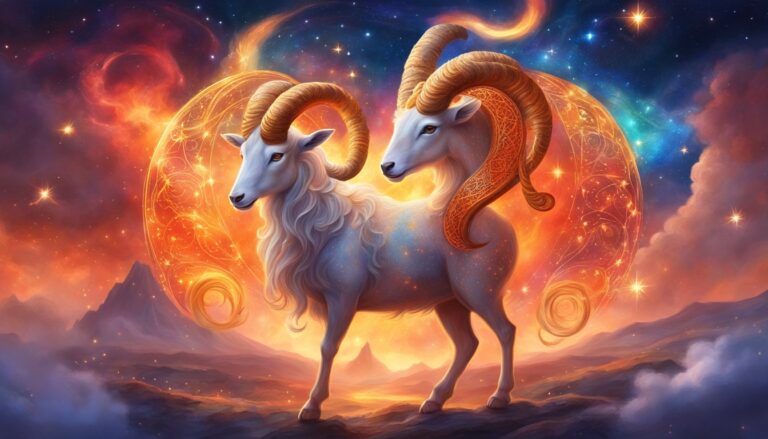 Two white rams with large horns, zodiac symbol, against a starry background