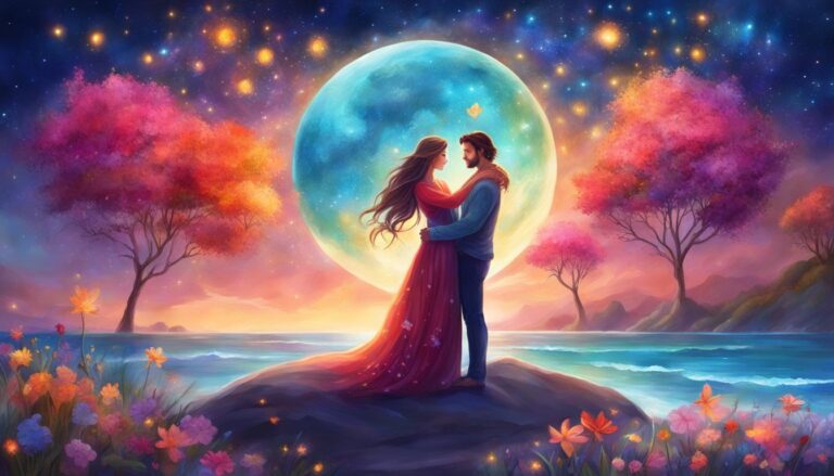 Romantic couple embracing on a rock, with a large moon and colorful landscape