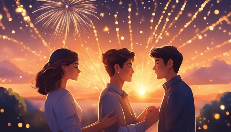 Three people holding hands, watching fireworks at sunset