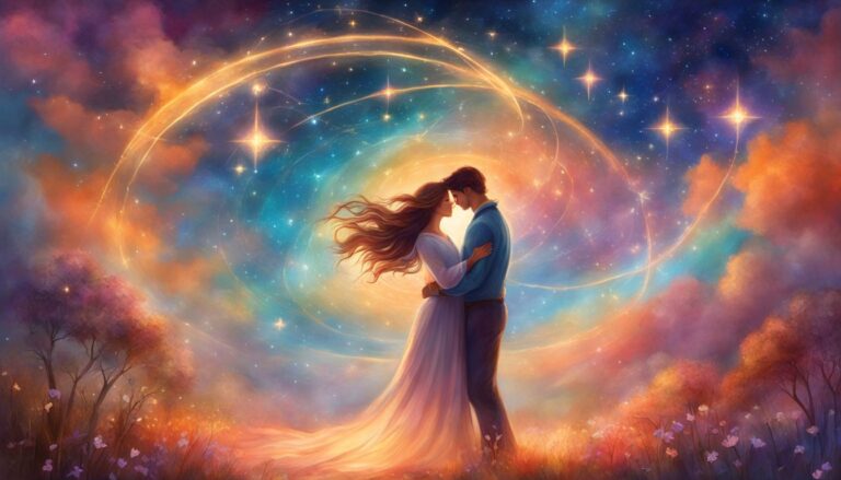 Couple embracing under a starry sky with swirling light and colorful clouds