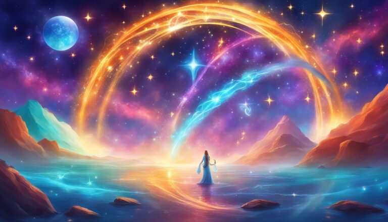 Woman in water under a starry sky with glowing arches and mountains