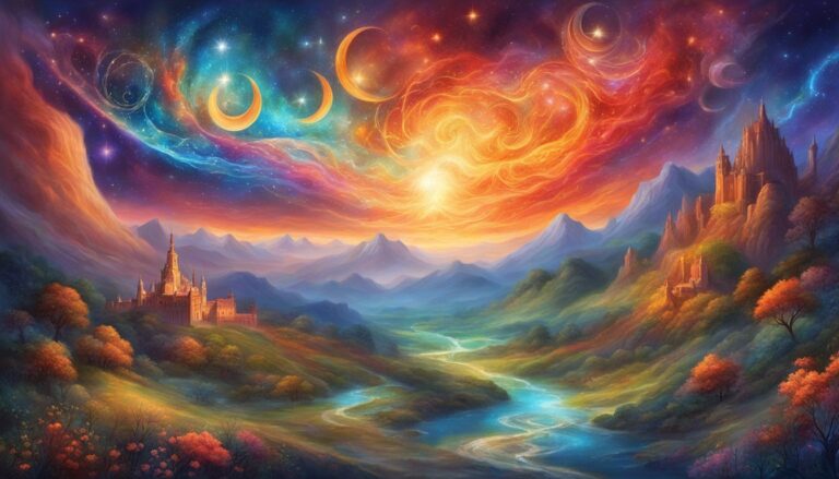 Fantasy landscape with castles, river, and vibrant celestial sky with moons