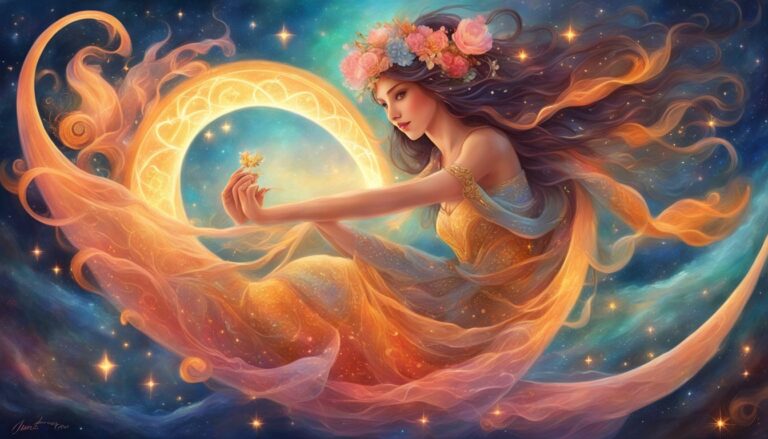 Woman with flower crown floats on crescent moon in starry sky