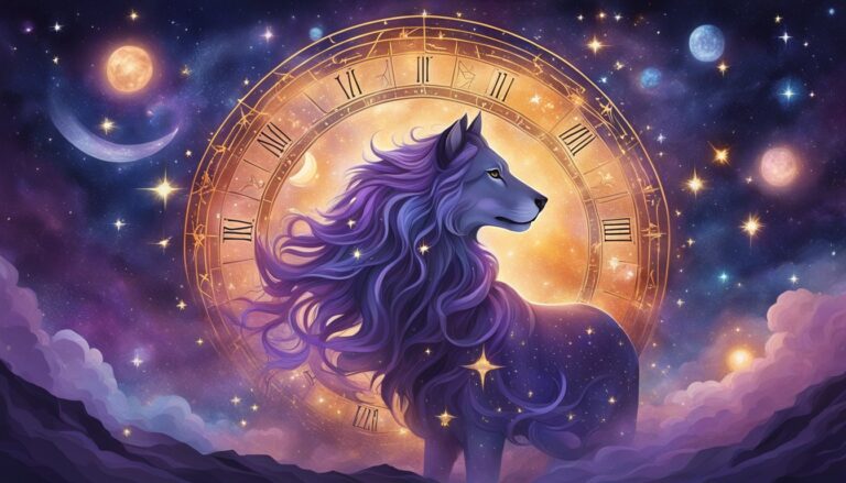 Wolf with purple mane and starry body against a cosmic clock background