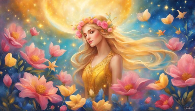 Woman with flower crown, surrounded by flowers, under a glowing moon